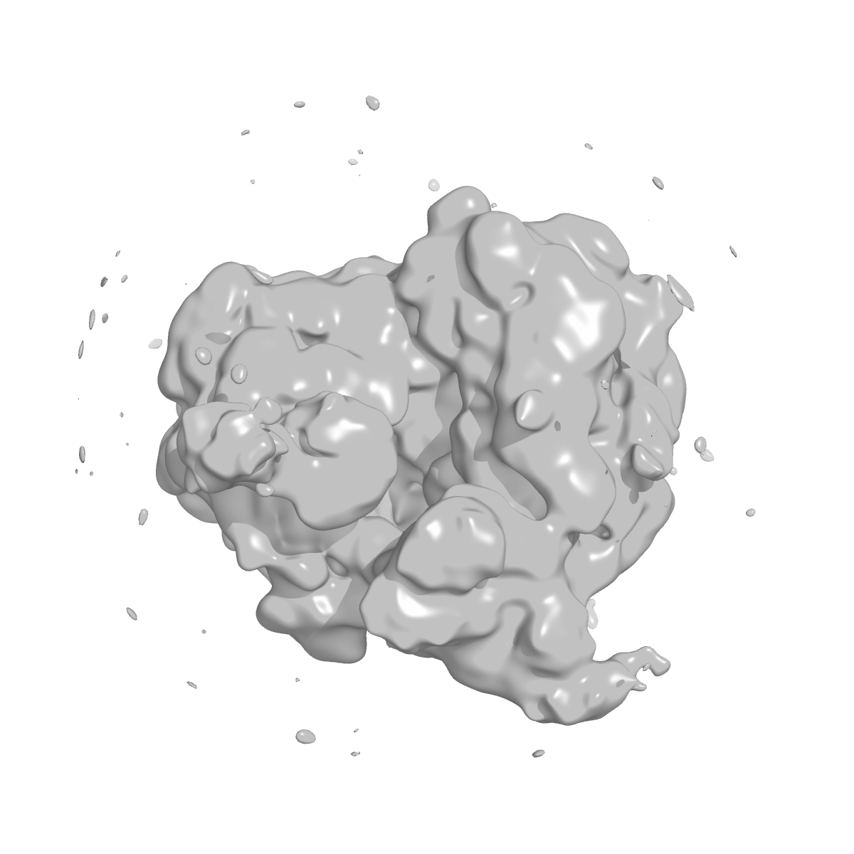 PyMOL isosurface of the dominant 3D class (class 3, 21.8% of particles, 9.65 Å) — the reconstructed Plasmodium 80S ribosome, 15 Å low-pass